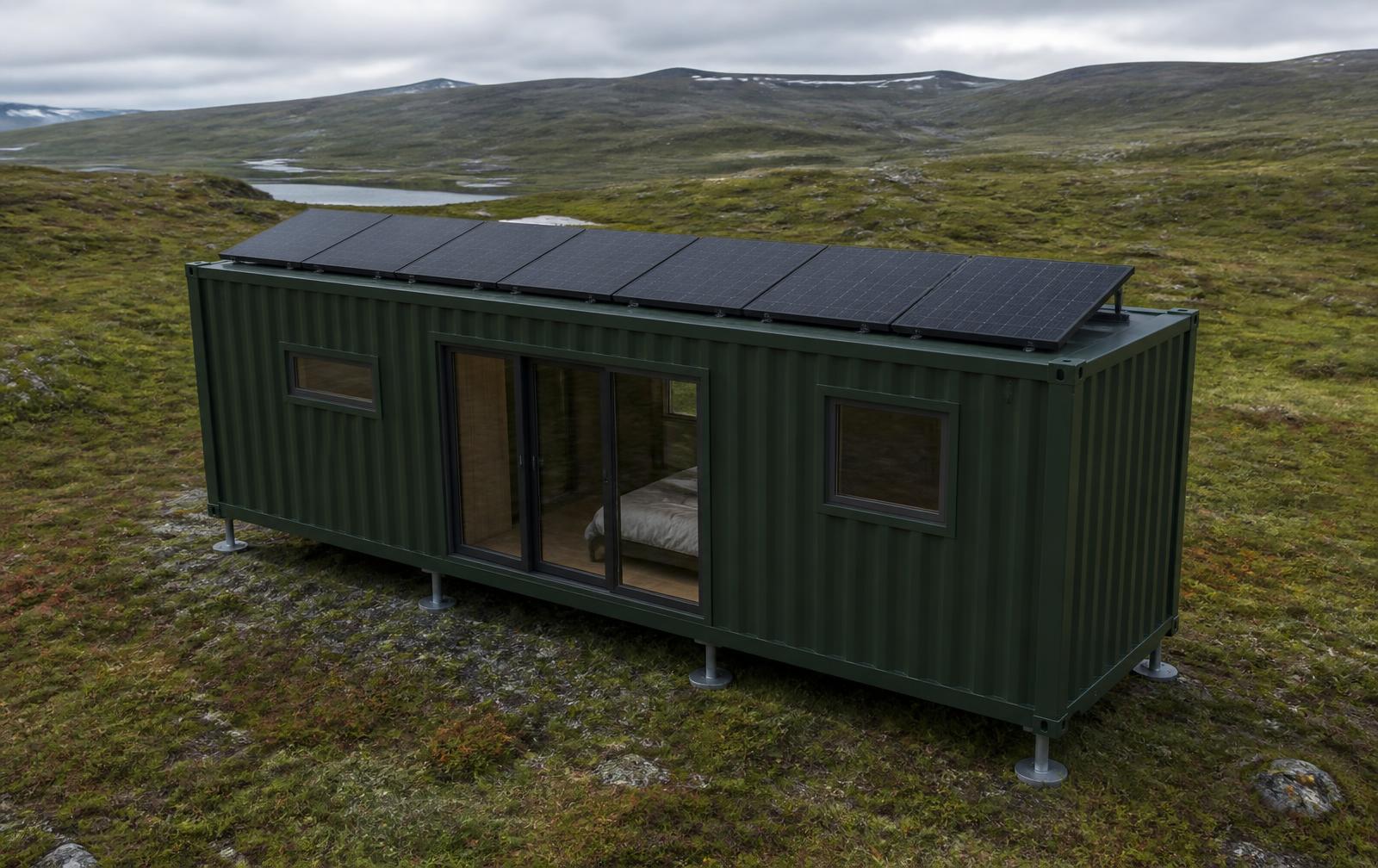Box Autonome avec panneaux solaires en toiture sur un terrain sans réseaux
